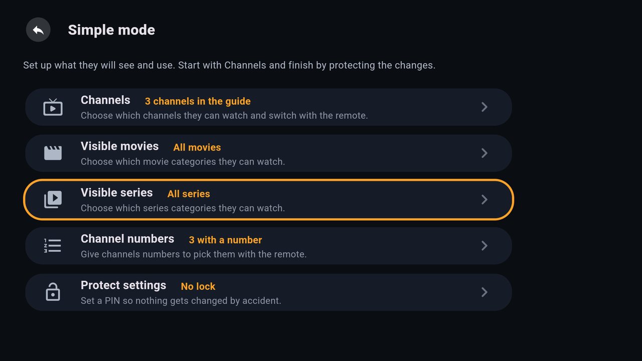 Simple mode screen with Channels, Visible movies, Visible series, Channel numbers and Protect settings