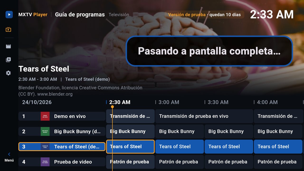 Aviso Pasando a pantalla completa sobre la guía