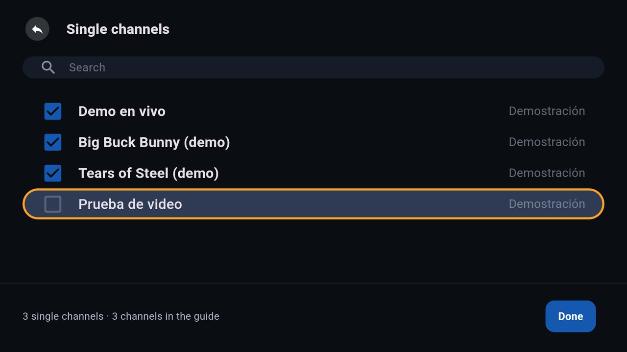 Single channels screen with three channels checked