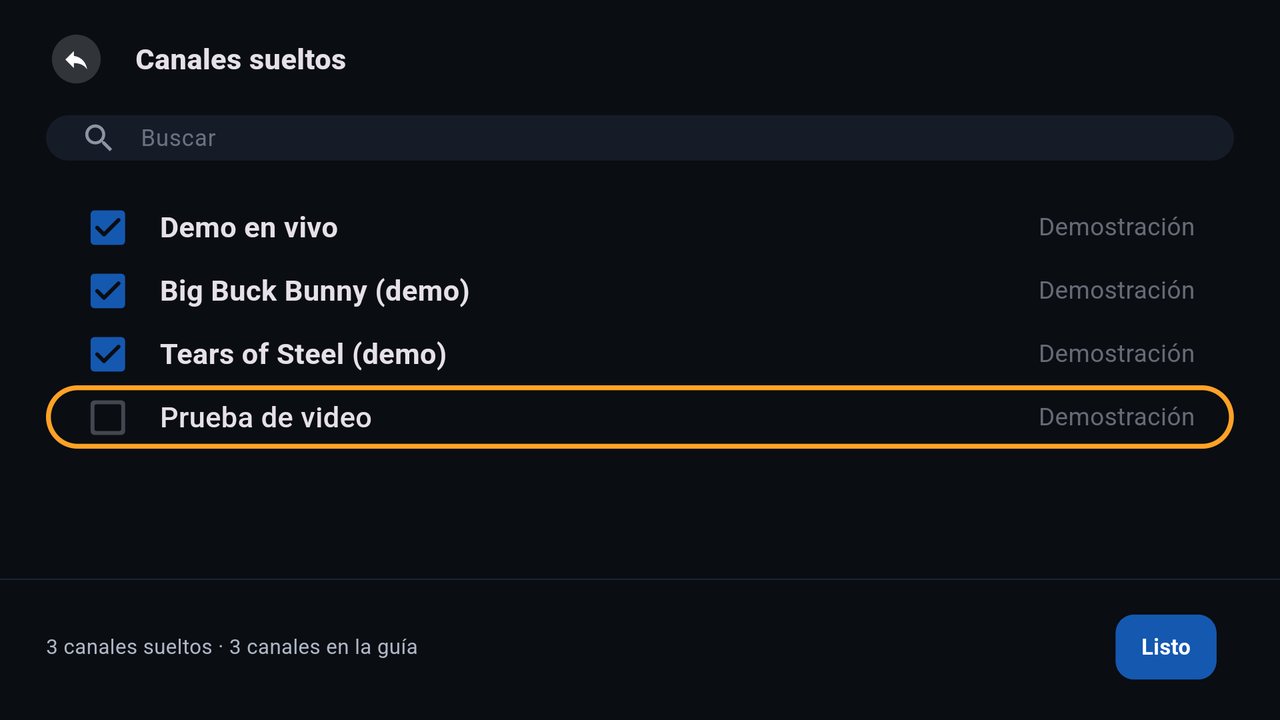 Pantalla Canales sueltos con tres canales marcados