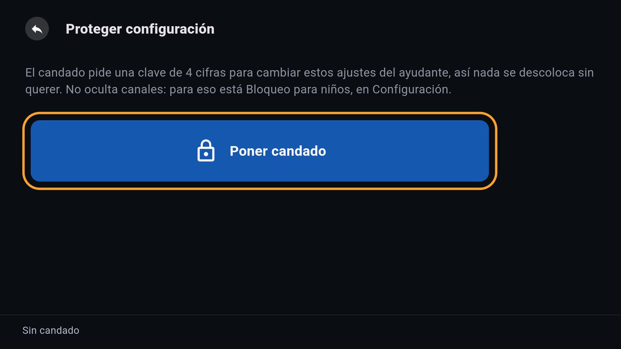 Pantalla Proteger configuración con el botón Poner candado