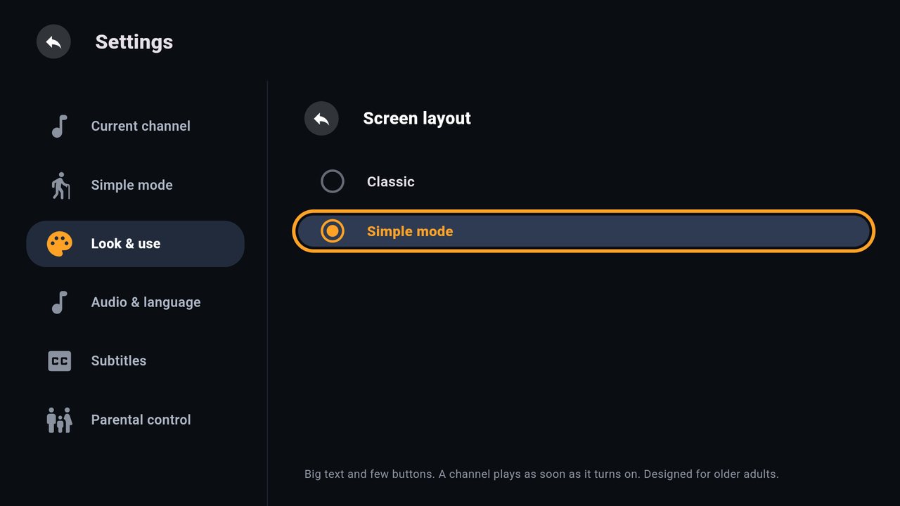 Screen layout screen with the Classic and Simple mode options