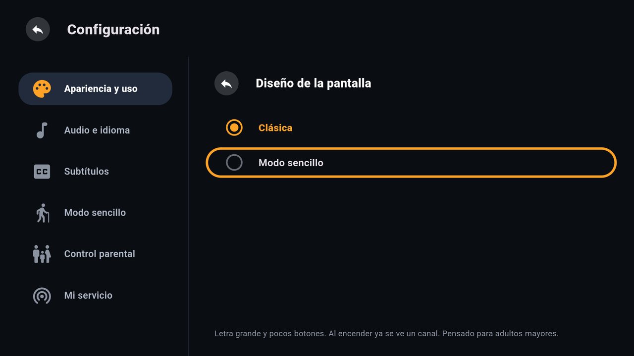 Pantalla Diseño de la pantalla con las opciones Clásica y Modo sencillo