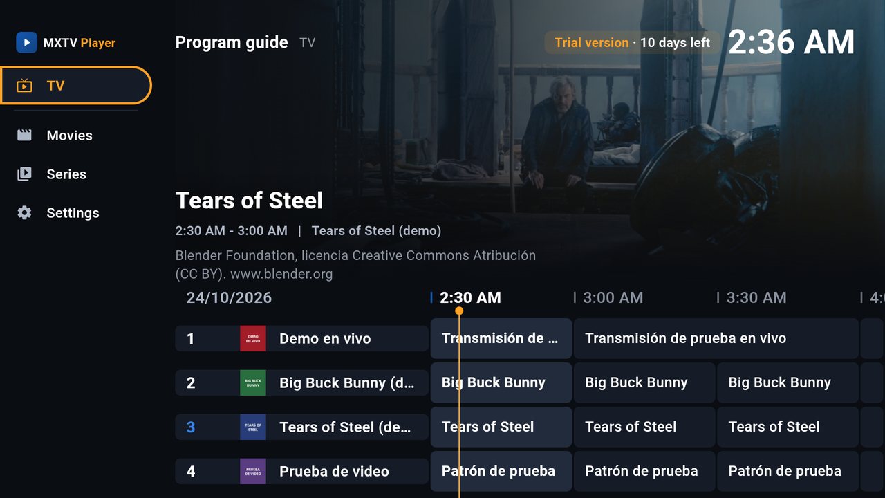 Side menu open with TV, Movies, Series and Settings