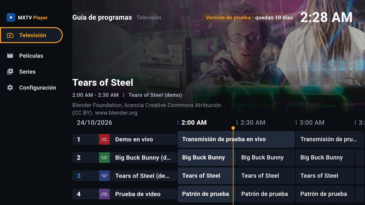 Menú lateral abierto con Televisión, Películas, Series y Configuración