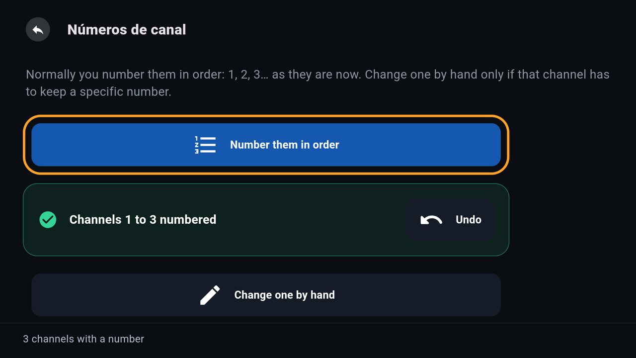 Channel numbers screen with the Number them in order and Change one by hand buttons