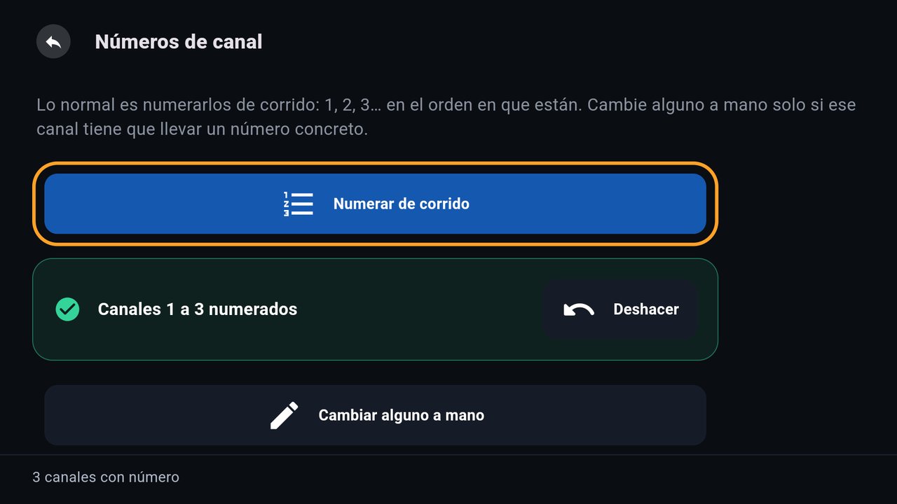 Pantalla Números de canal con los botones Numerar de corrido y Cambiar alguno a mano