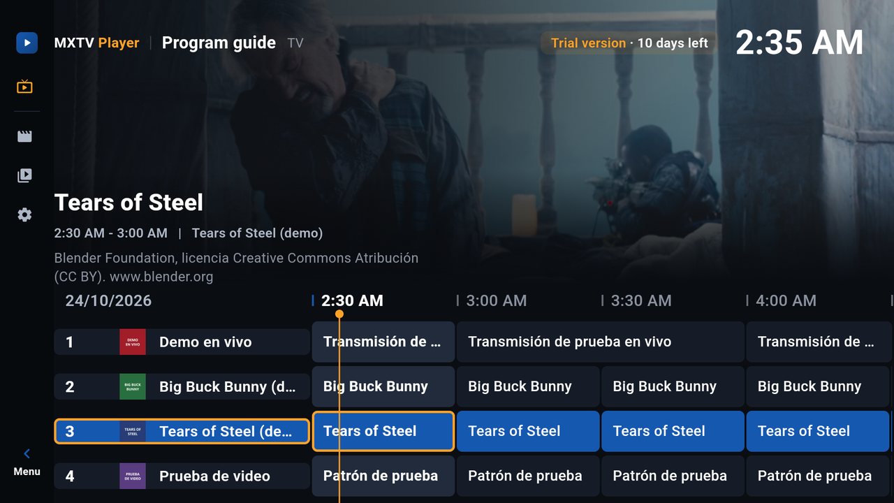 Program guide: the channel at the top and the numbered channel list below
