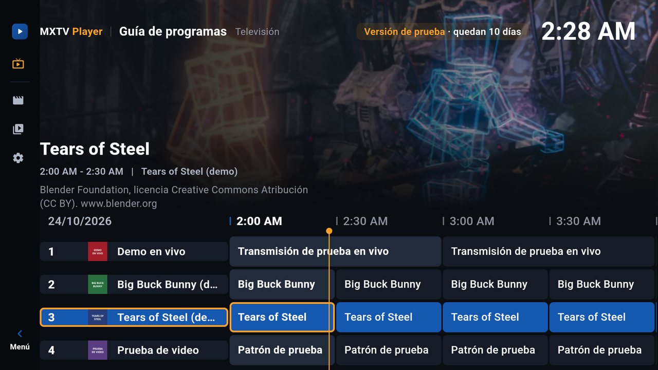 Guía de programas: el canal arriba y la lista de canales con su número abajo